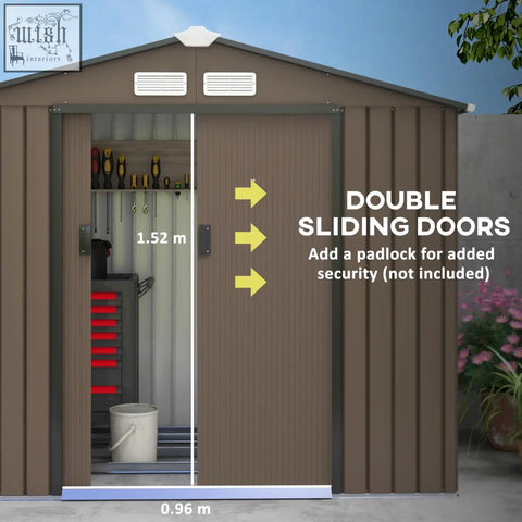 Brown outsunny 7 x 4ft metal garden shed with lockable double doors galvanised steel and foundation kit for outdoor storage