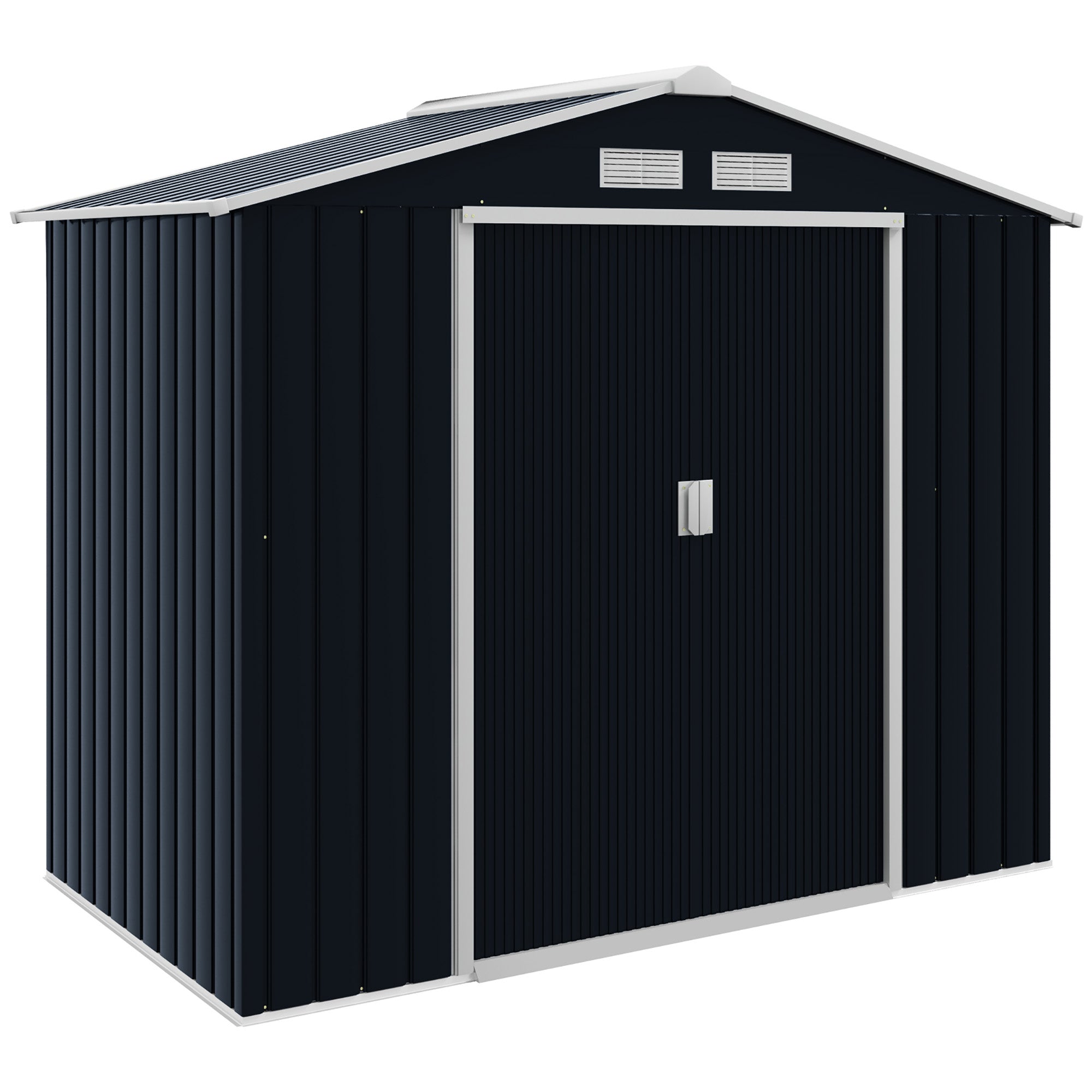 Outsunny 7x4ft black galvanised steel garden shed with silver trim lockable double doors gabled roof and foundation kit