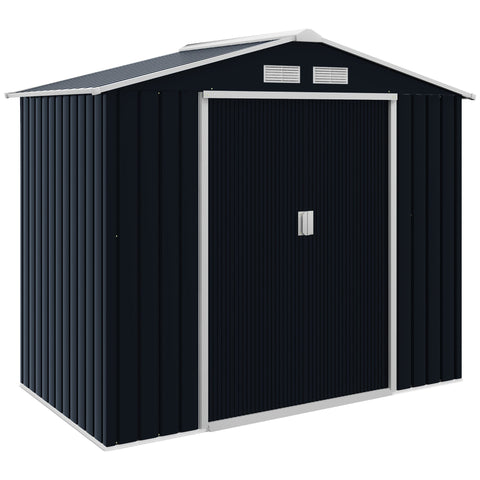 Outsunny 7x4ft black galvanised steel garden shed with silver trim lockable double doors gabled roof and foundation kit