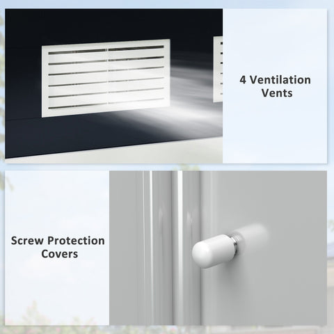 White rectangular ventilation vents with screw covers on the back of dark grey galvanised steel outsunny 7 x 4ft metal shed with lockable double doors and foundation kit