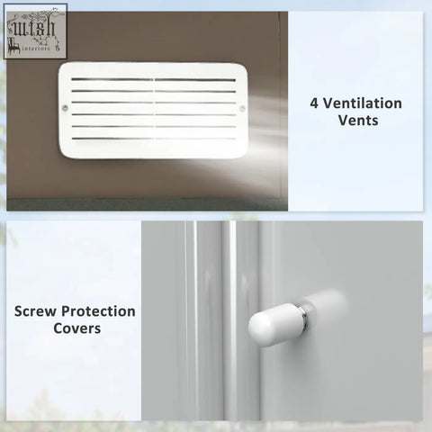 White ventilation cover with horizontal slats and screw protection on the back of galvanised steel outsunny lockable double door shed with foundation kit