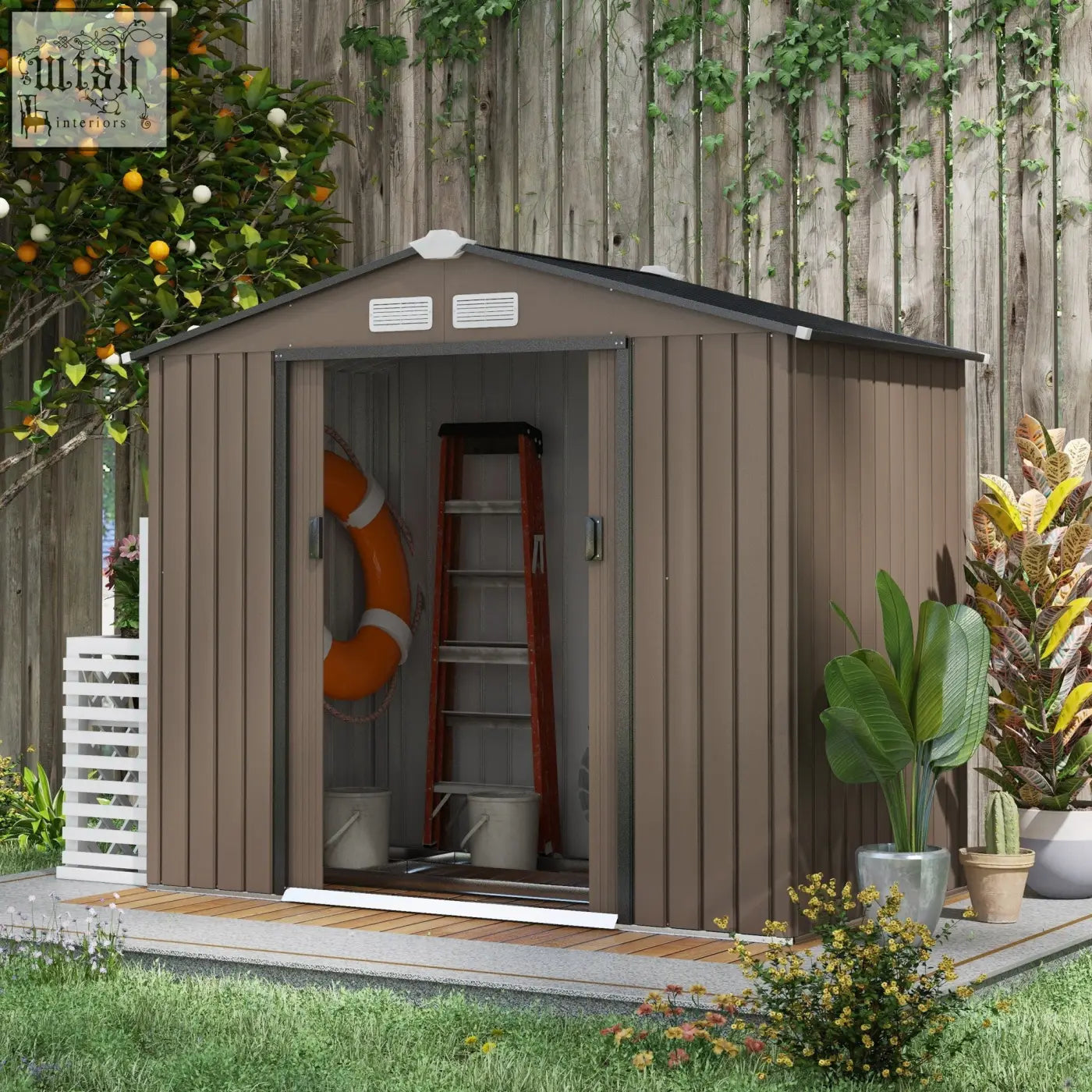 Brown outsunny 7x4ft metal garden shed with galvanised steel, lockable double sliding doors, foundation kit, and ventilation slots