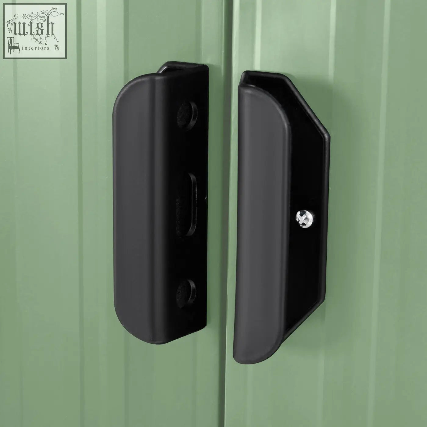 Black metal sliding door latch set on light green outsunny 7 x 4ft outdoor garden storage shed with foundation kit