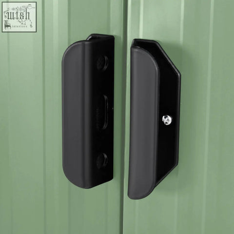Black metal sliding door latch set on light green outsunny 7 x 4ft outdoor garden storage shed with foundation kit