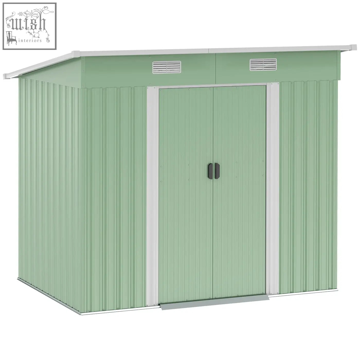 Light green corrugated metal storage shed with white trim and double doors, ideal for backyard with foundation kit option