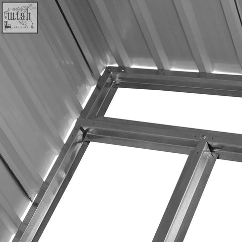 Metallic gray corrugated roof with steel frame of outsunny 7 x 4ft light green storage shed with sliding door and foundation kit