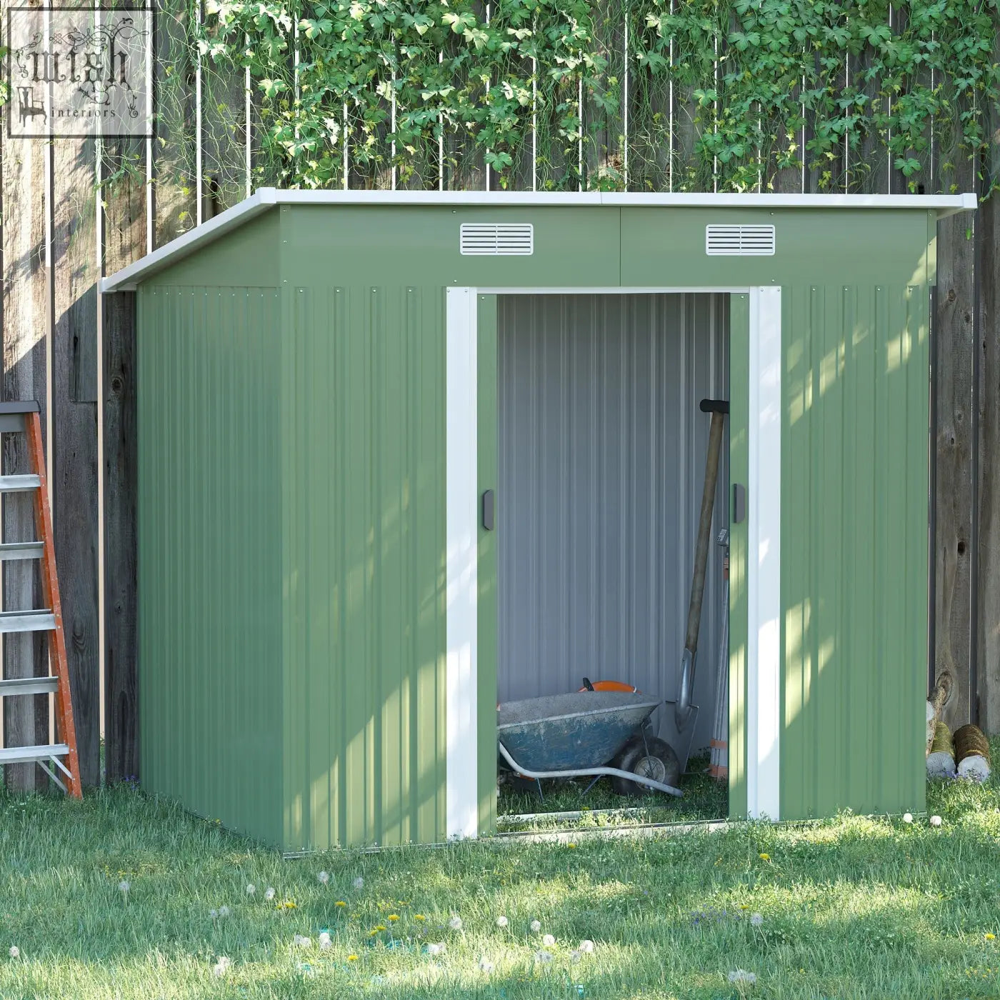 Green metal storage shed with white trim slanted roof and sliding door includes foundation kit for backyard use