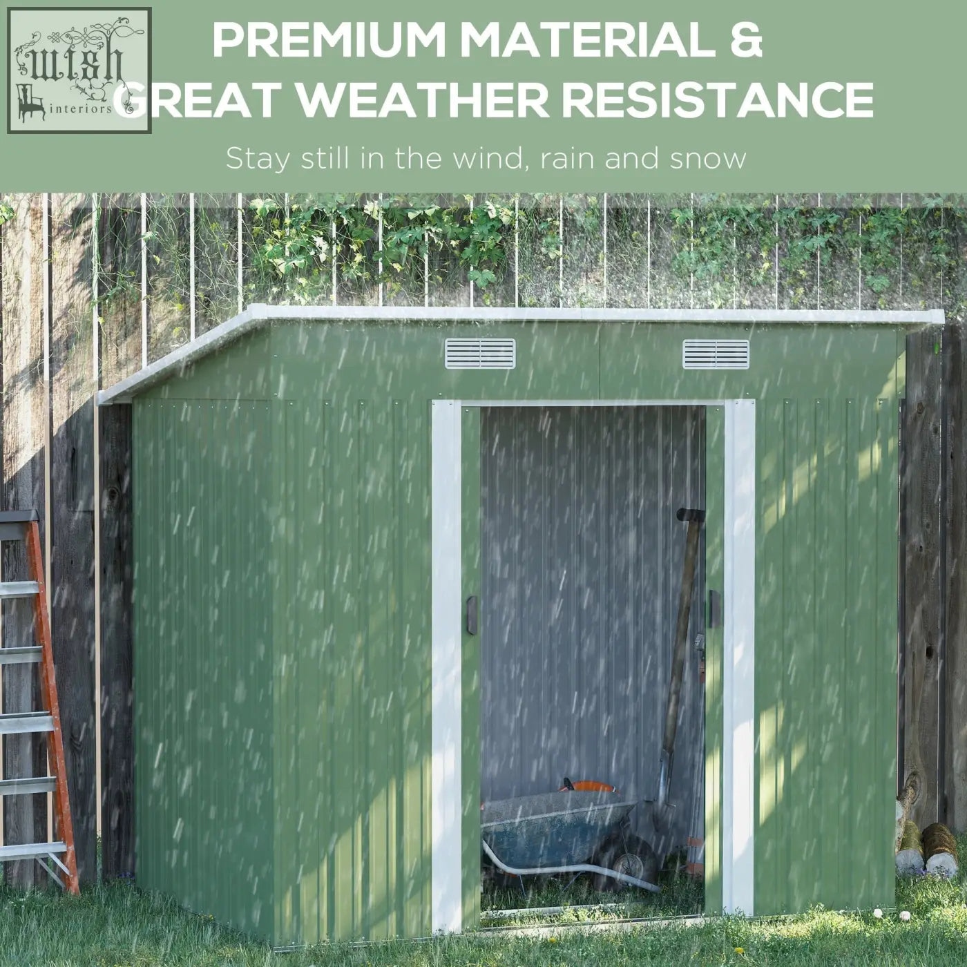 Outsunny 7 x 4ft light green metal storage shed with white trim, vents, sliding door, and foundation kit for backyard use
