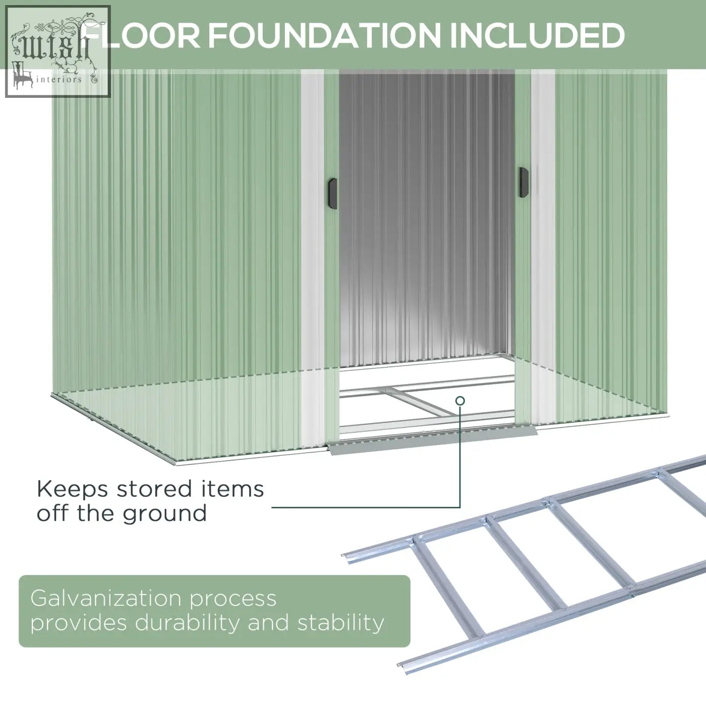 Outsunny 7x4ft light green corrugated metal storage shed with gray sliding door and foundation kit for backyard use