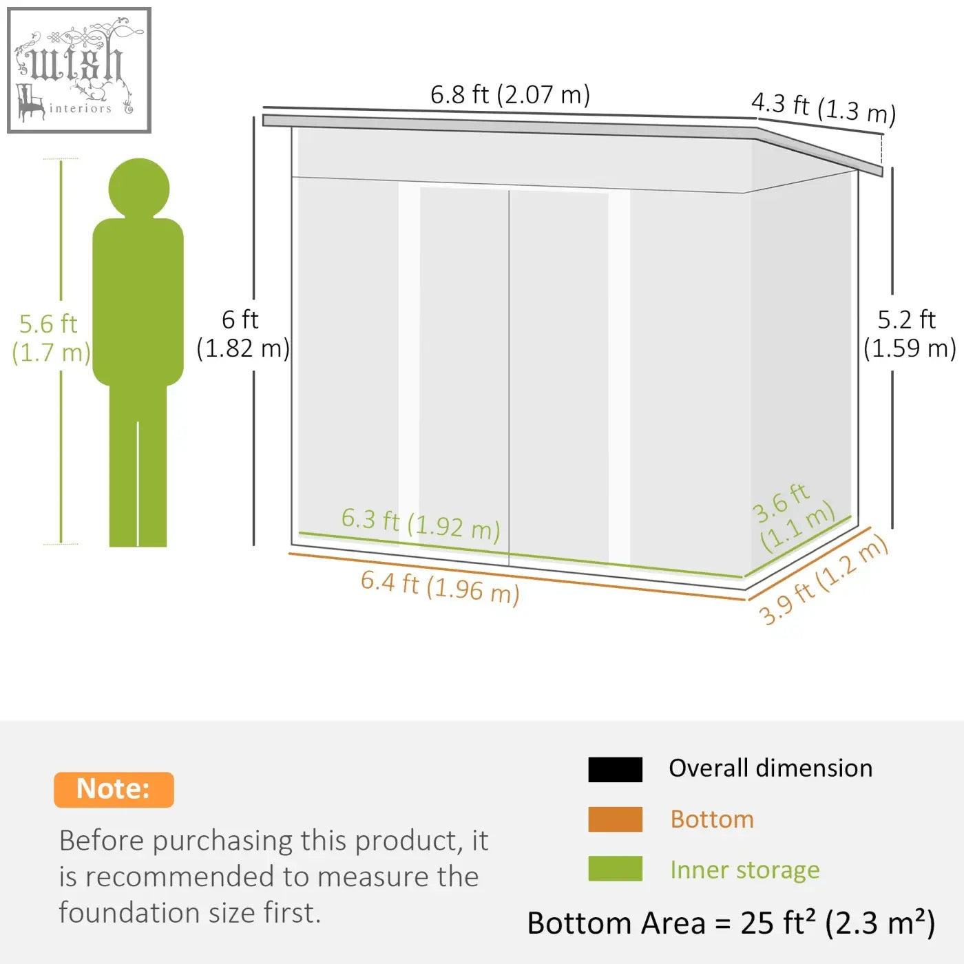 Gray 7x4ft metal storage shed with sliding door and foundation kit shown with green silhouette for scale
