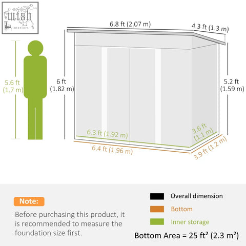 Gray 7x4ft metal storage shed with sliding door and foundation kit shown with green silhouette for scale