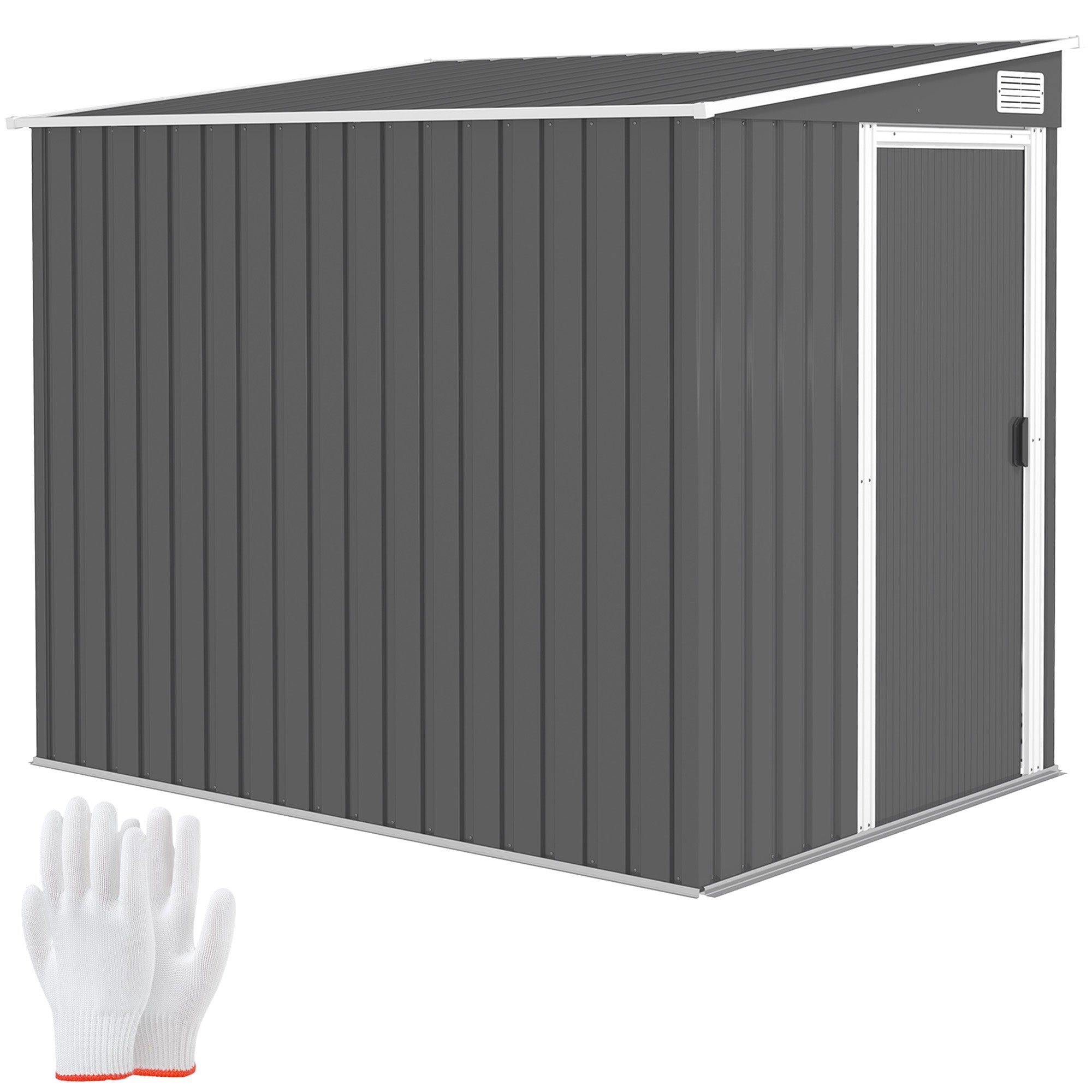 Gray outsunny 7 x 5ft metal shed with white trim, galvanised steel, sliding door, and roof ventilation slots