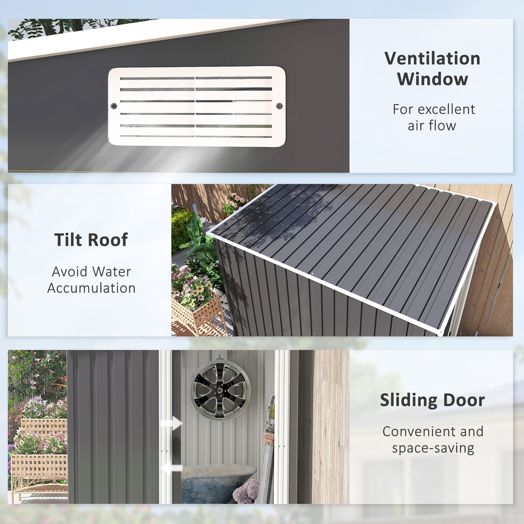 White rectangular ventilation window with horizontal slats and screws on dark grey galvanised steel metal shed ventilation slots