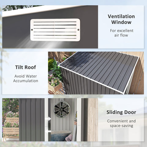 White rectangular ventilation window with horizontal slats and screws on dark grey galvanised steel metal shed ventilation slots