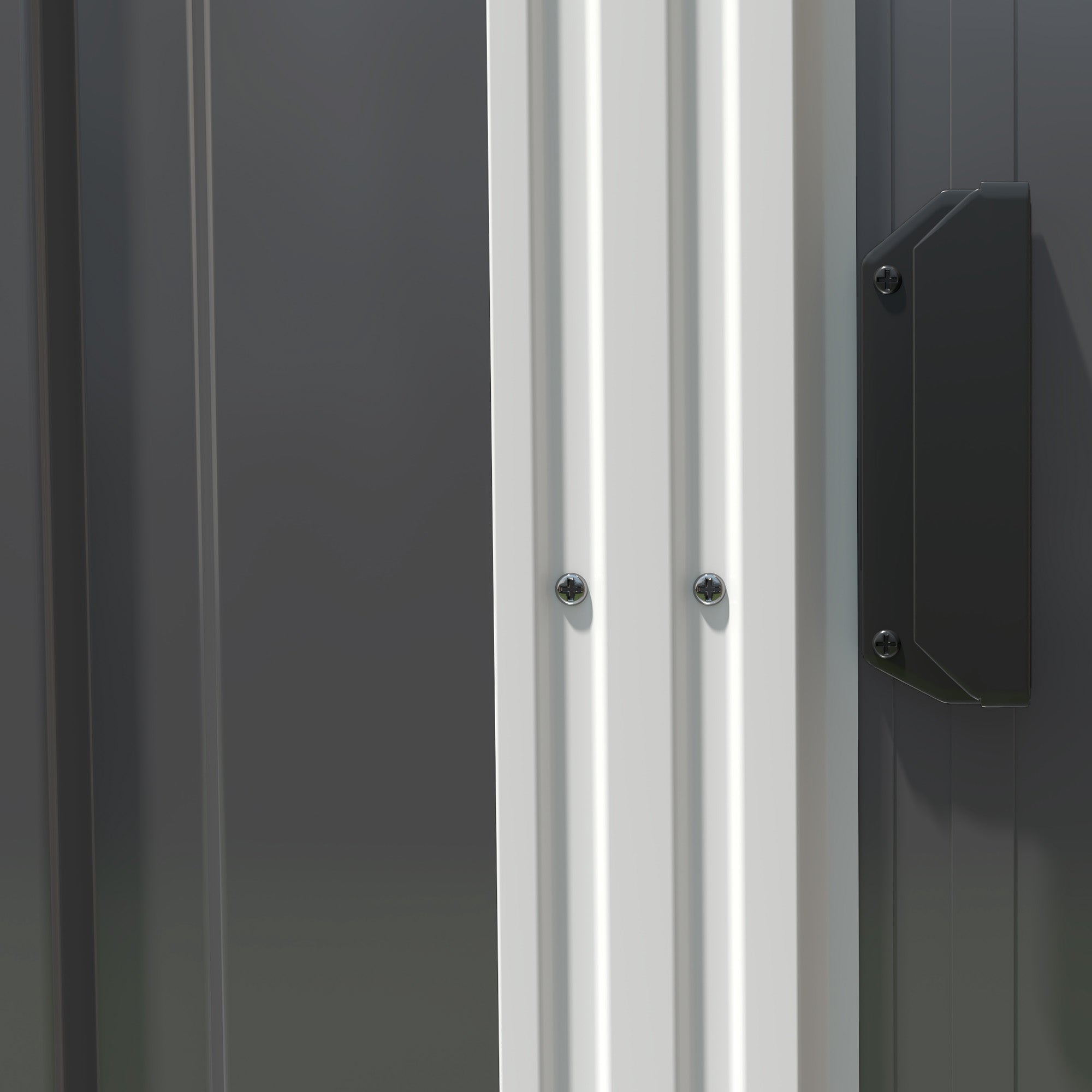 White vertical panel with two silver screws on outsunny dark grey galvanised steel metal shed featuring ventilation slots