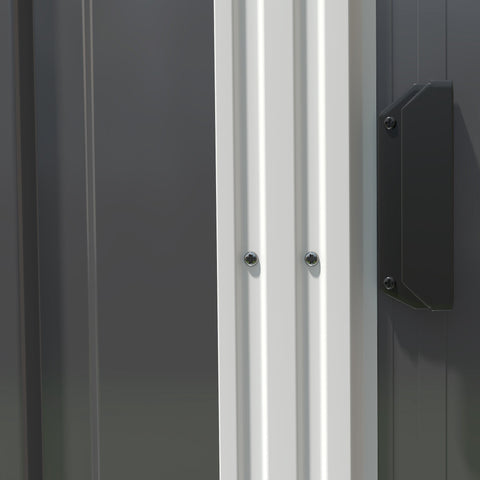 White vertical panel with two silver screws on outsunny dark grey galvanised steel metal shed featuring ventilation slots