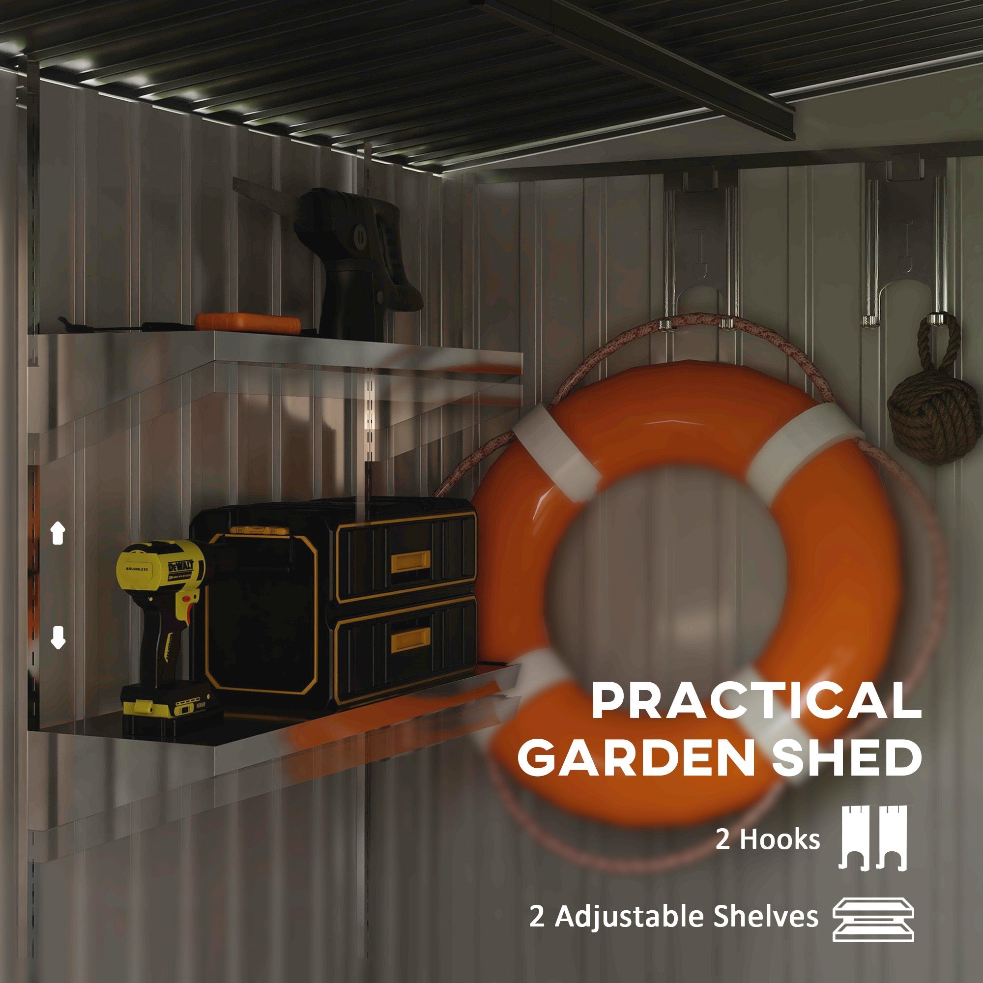 Orange life preserver hanging on dark grey galvanised steel outsunny metal shed wall with ventilation slots