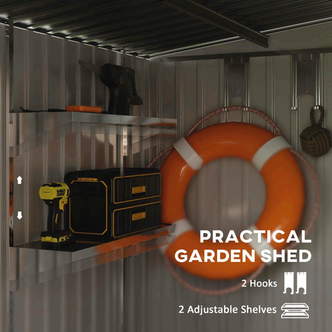 Orange life preserver hanging on dark grey galvanised steel outsunny metal shed wall with ventilation slots