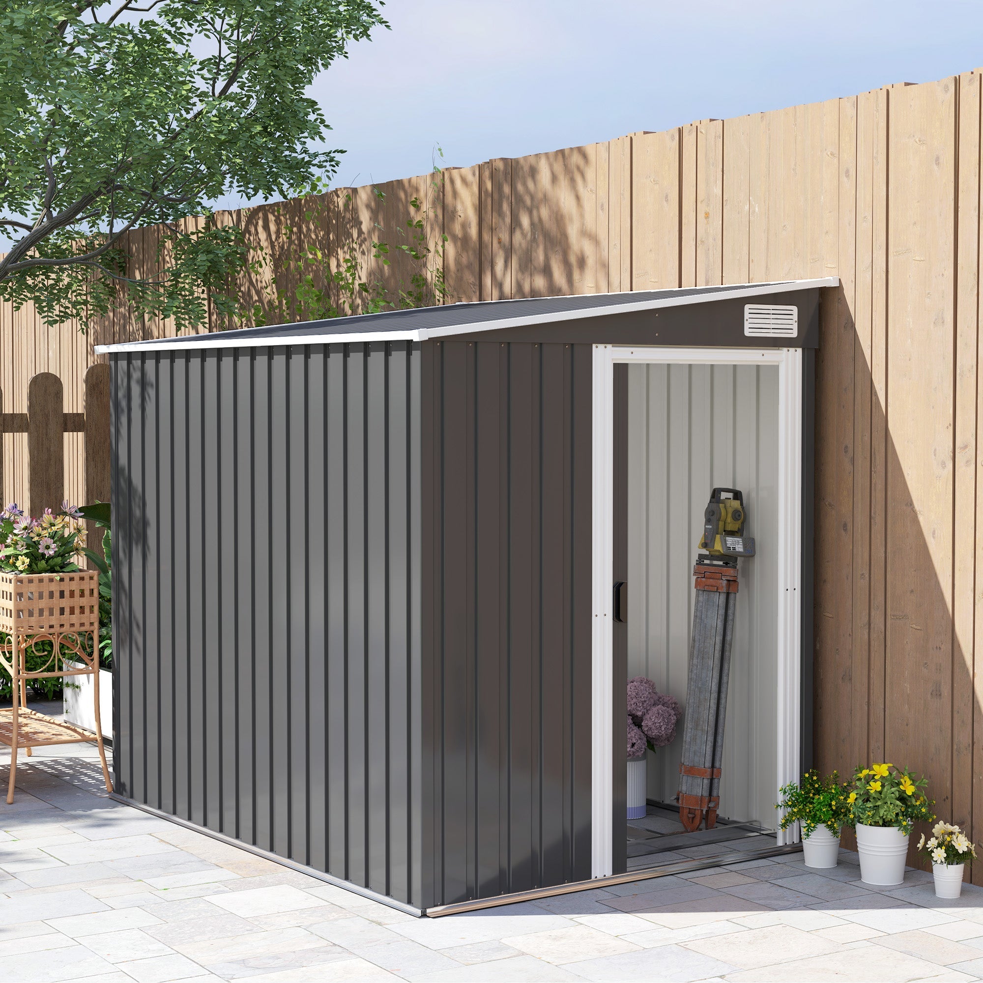 Outsunny 7 x 5 ft dark grey galvanised steel metal shed with white trim, sliding door, and ventilation slots