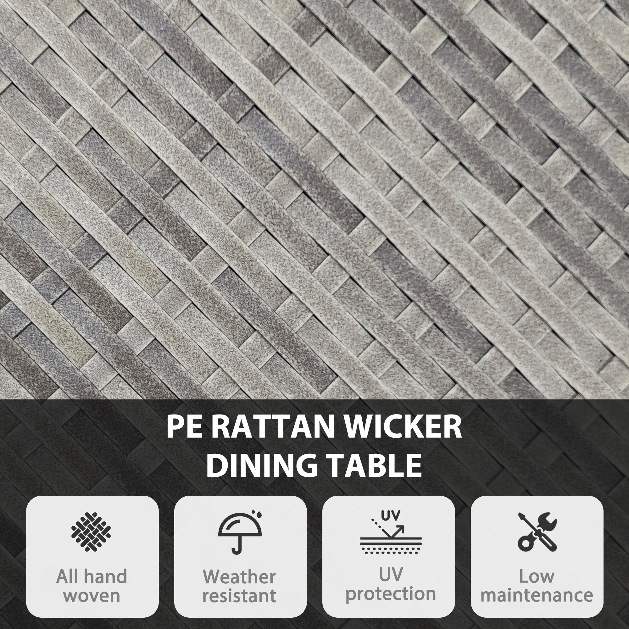 Gray pe rattan dining table with diagonal weave pattern featuring galvanised steel frame and natural wood finish