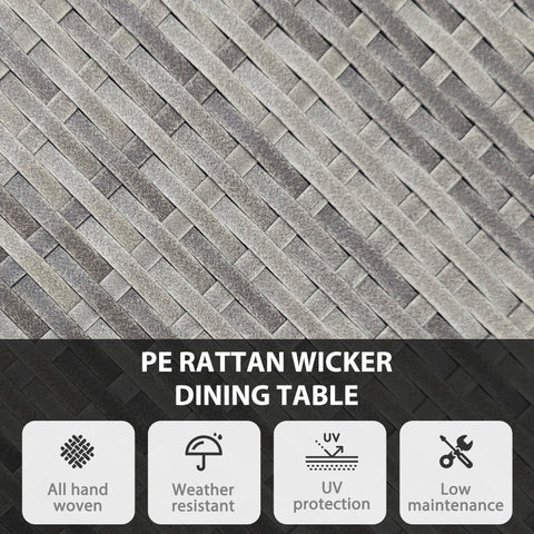 Gray pe rattan dining table with diagonal weave pattern featuring galvanised steel frame and natural wood finish