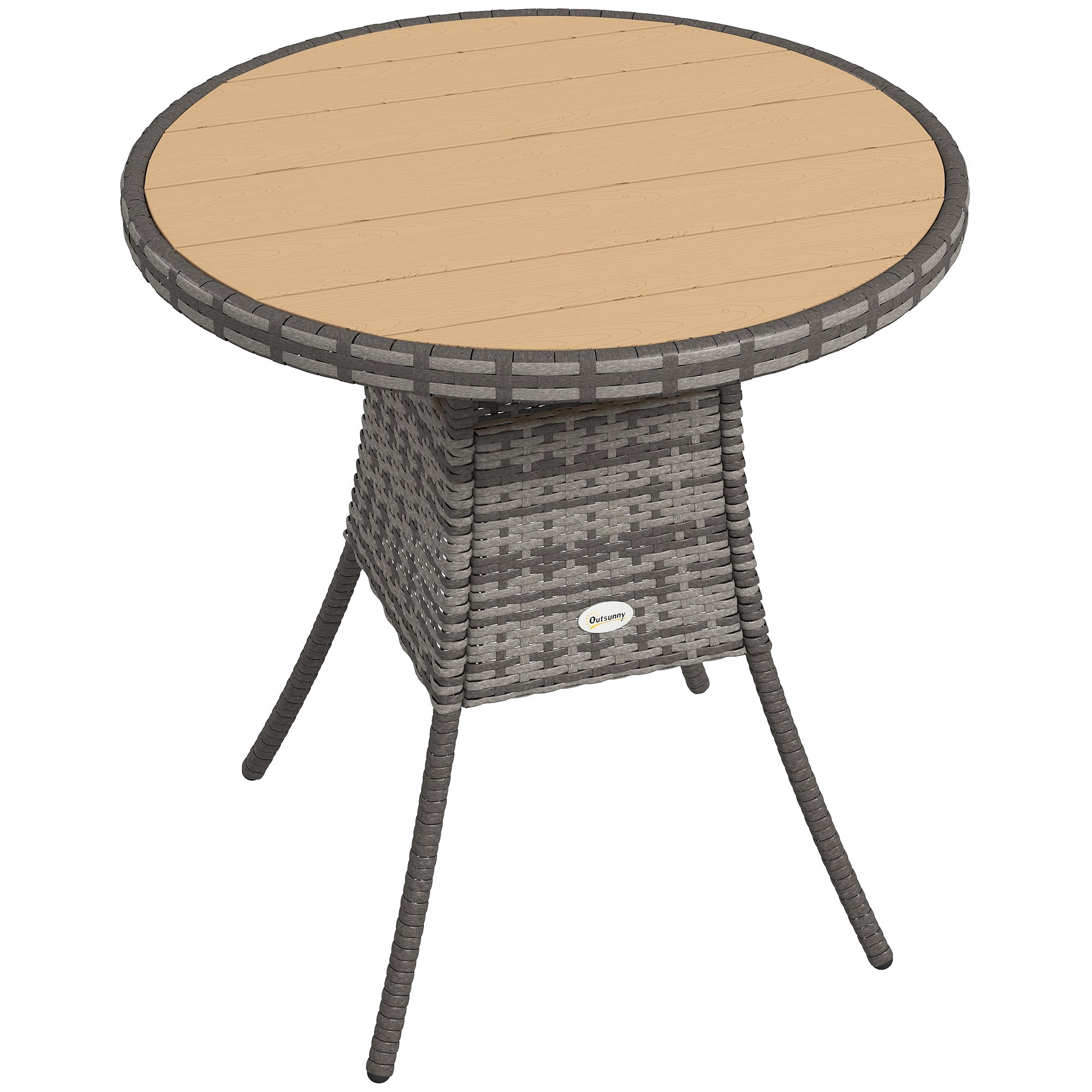 Outsunny gray wicker rattan dining table with light beige wooden top and galvanised steel legs for outdoor use