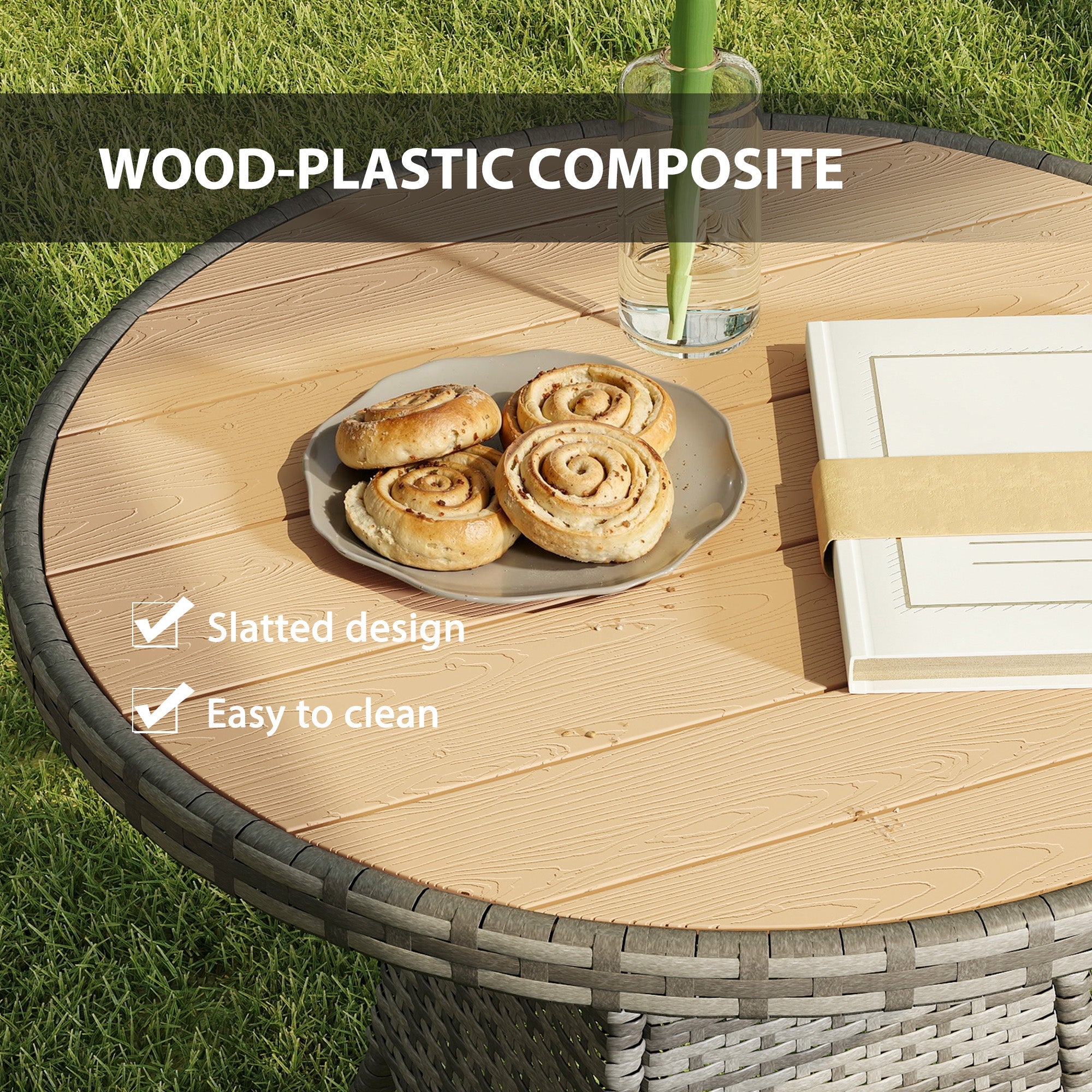 Outsunny 70 cm wood-effect rattan dining table with light brown slatted wood-plastic composite top and gray woven base