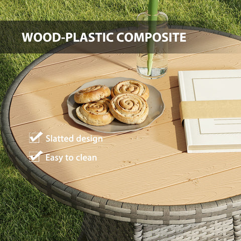 Outsunny 70 cm wood-effect rattan dining table with light brown slatted wood-plastic composite top and gray woven base
