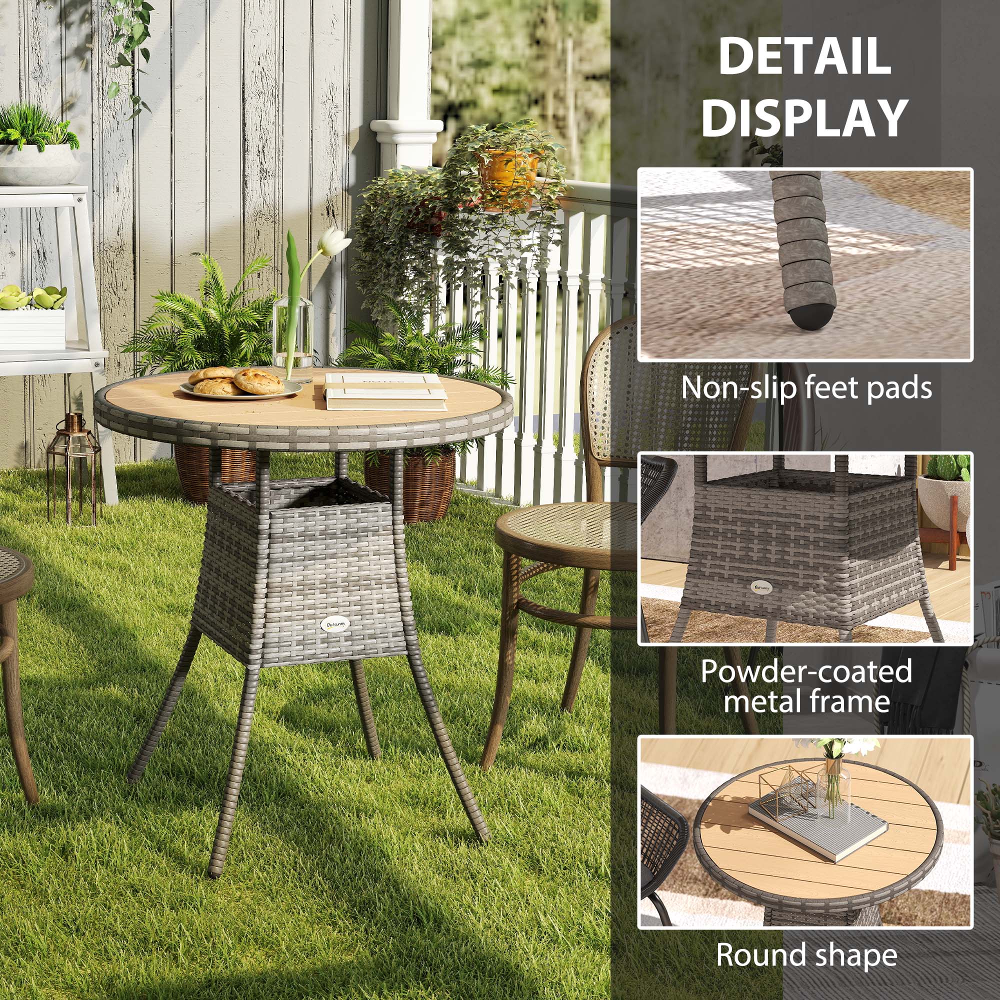 Gray woven rattan dining table with round wooden top and galvanised steel frame perfect for outdoor use
