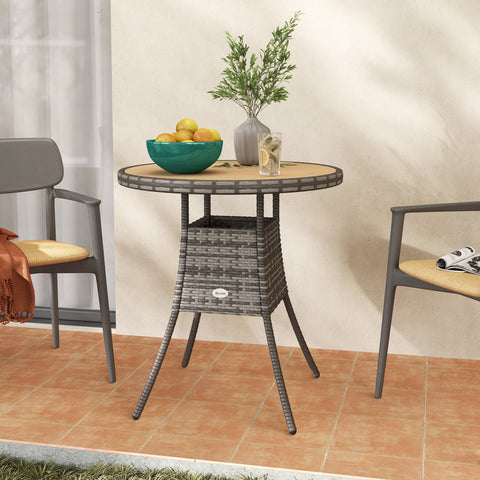 Outsunny 70 cm rattan dining table with galvanised steel frame, gray wicker and round wood-effect top with storage basket