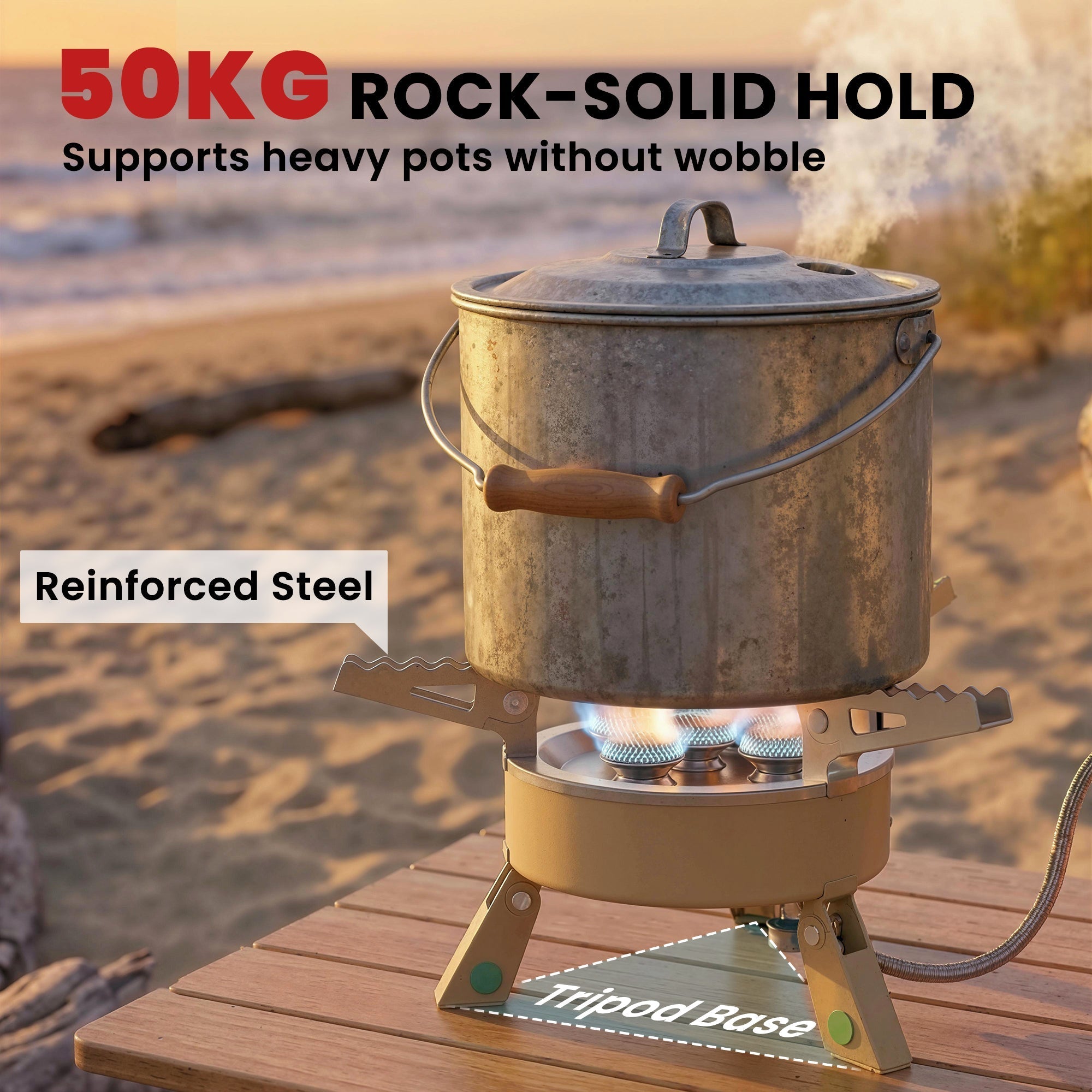 A khaki outsunny 7000w camping stove with manual ignition powers a rugged galvanized pot for outdoor use in two minutes