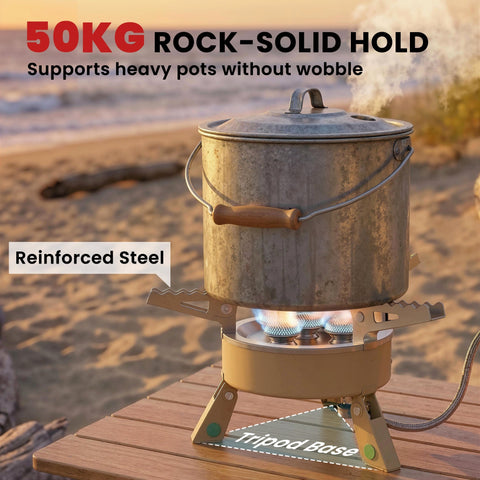 A khaki outsunny 7000w camping stove with manual ignition powers a rugged galvanized pot for outdoor use in two minutes
