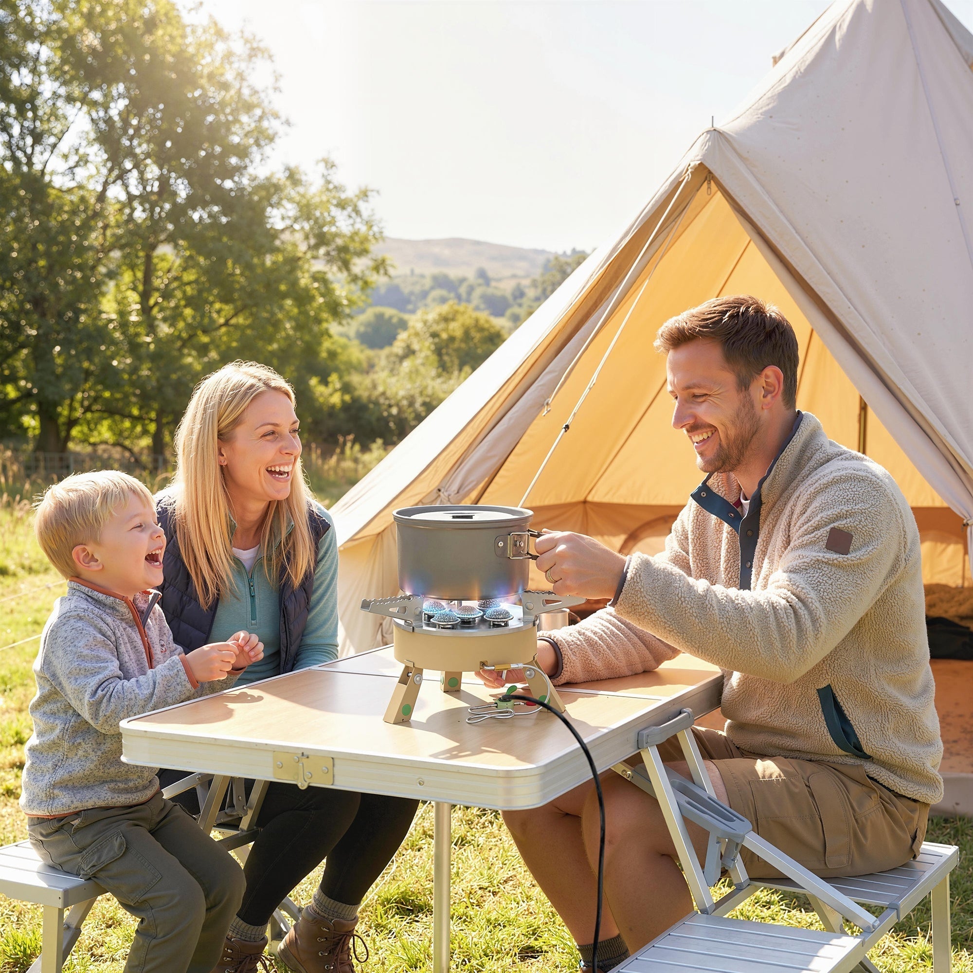 Silver camping pot on khaki outsunny 7000w camping stove with manual ignition for quick two minutes use outdoors