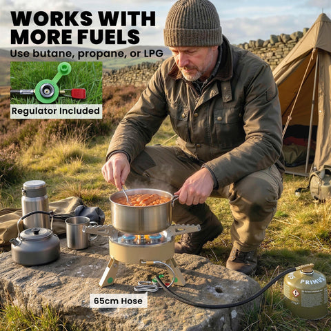 Outsunny khaki camping stove with foldable tripod base and blue flame accents offers manual ignition in two minutes