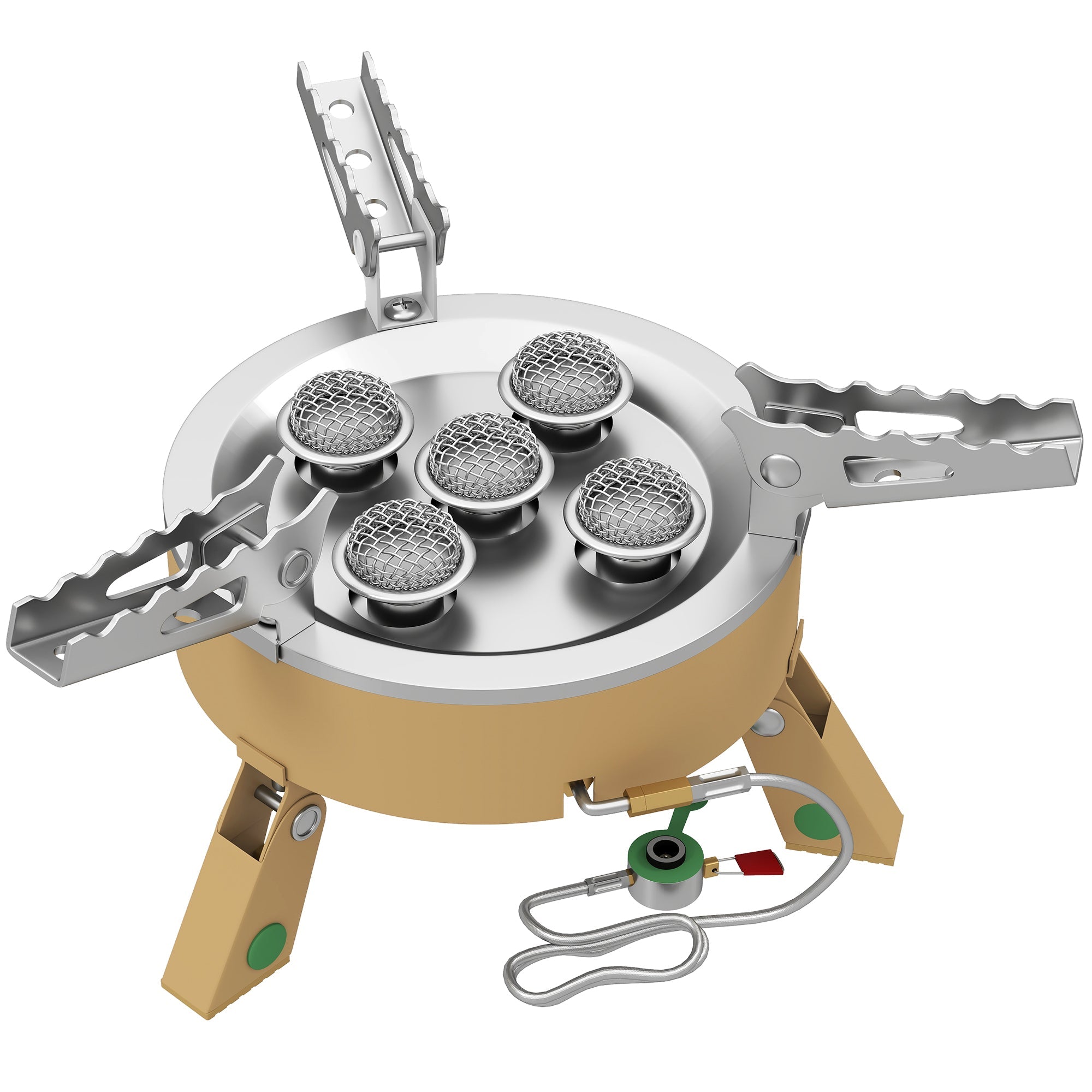 Outsunny camping stove with tan foldable body, silver mesh burners, manual ignition, and high power for outdoor use