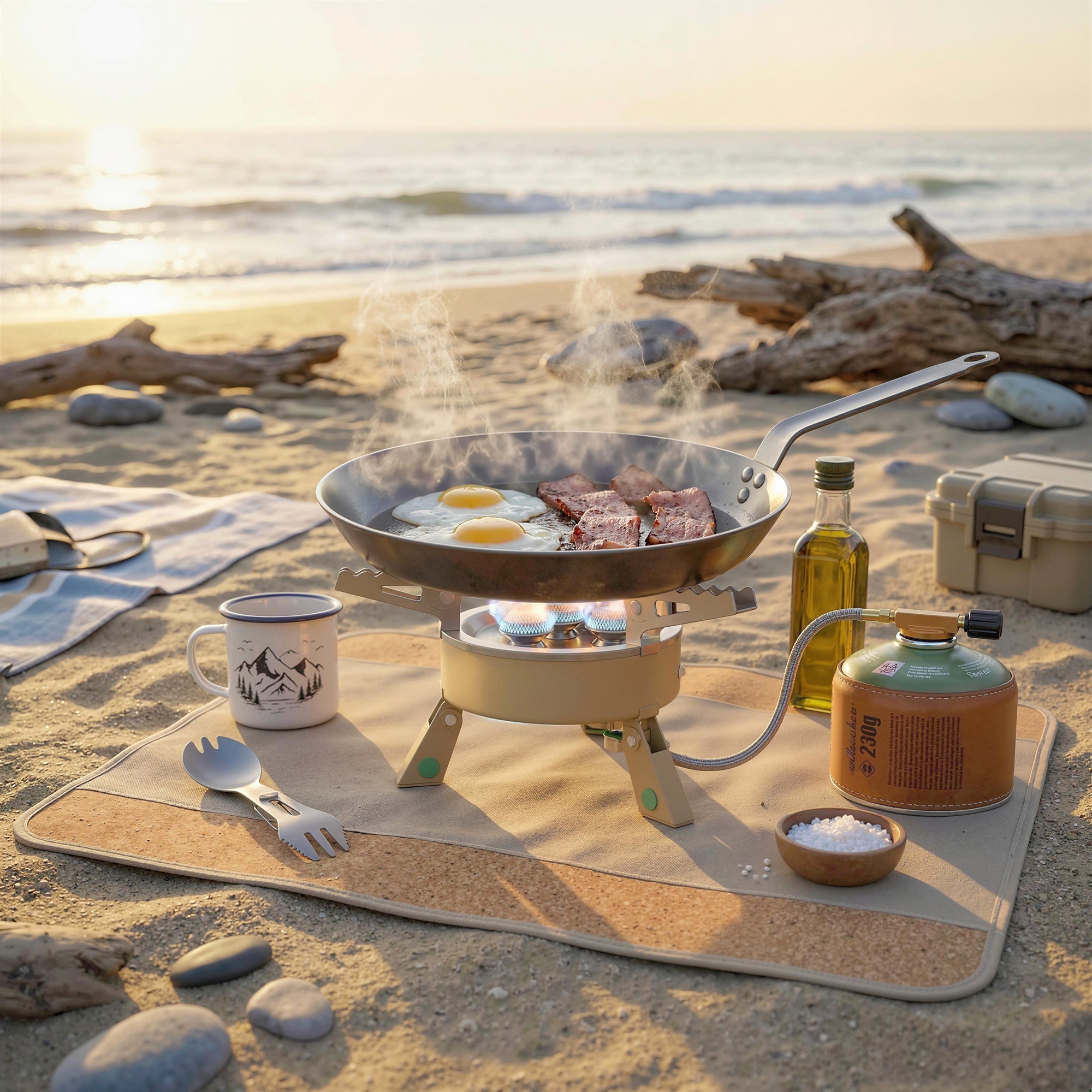 Beige outsunny 7000w camping stove with manual ignition cooking eggs and steak in silver frying pan for outdoor use