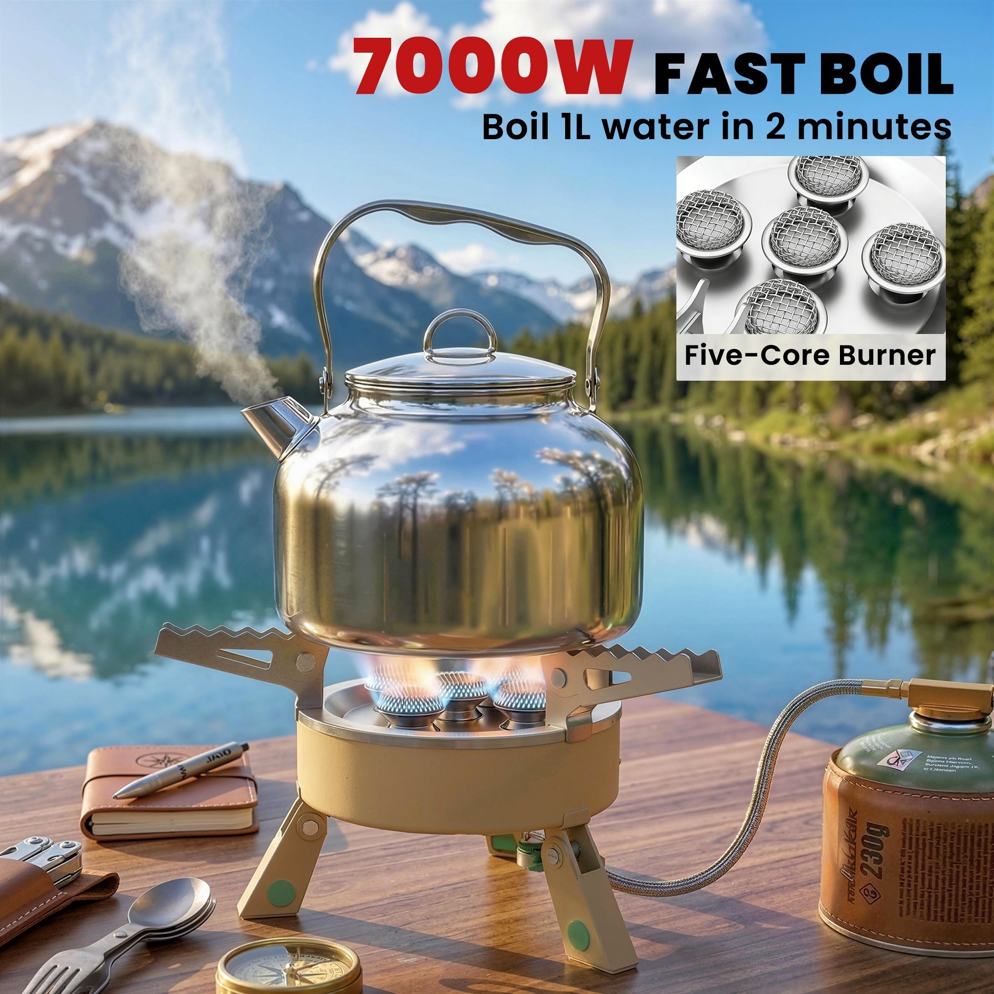 Shiny stainless steel kettle on a khaki outsunny 7000w camping stove with manual ignition for quick two minutes use