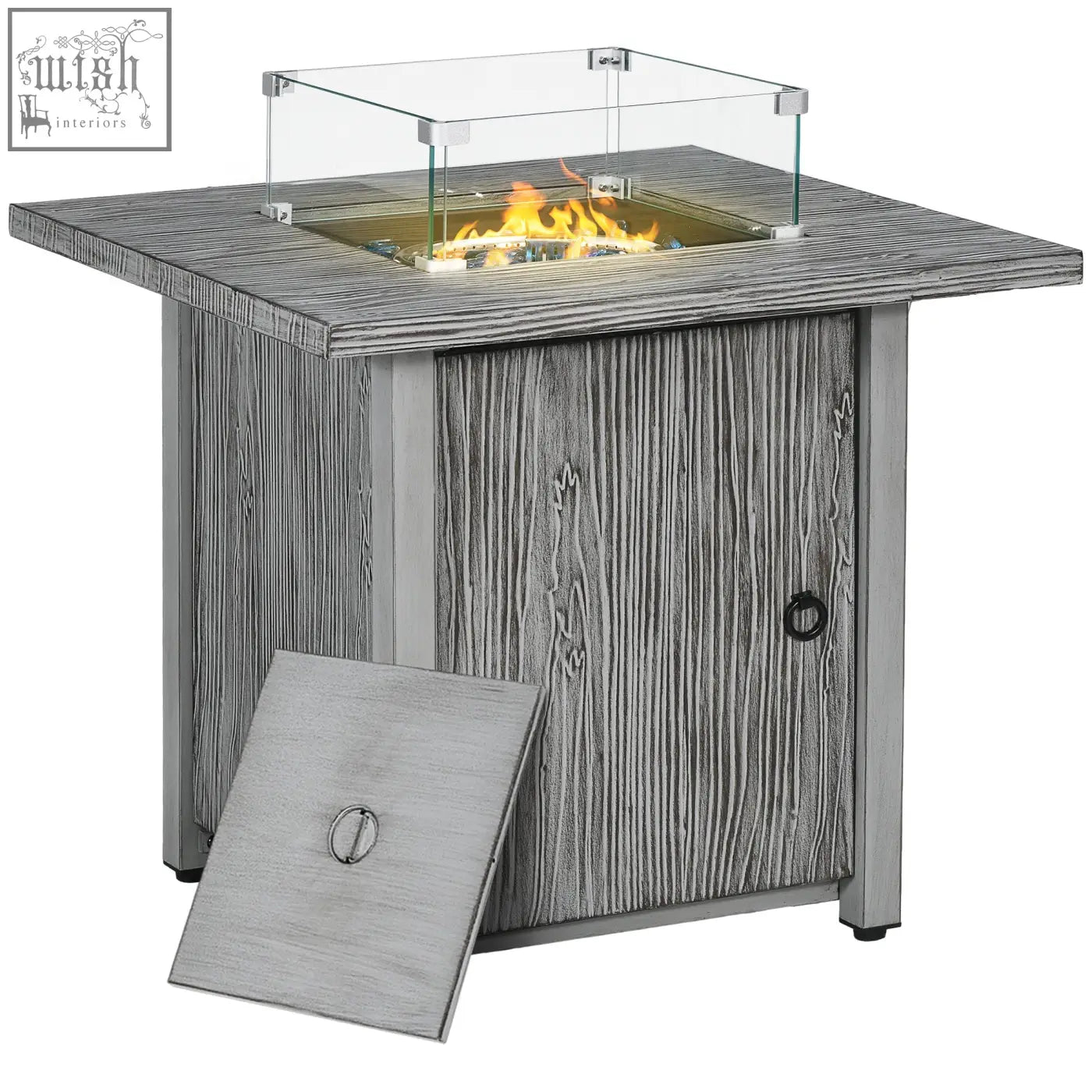 Outsunny grey faux wood pit table with 50000 btu flame, glass screen, and glass beads for outdoor use