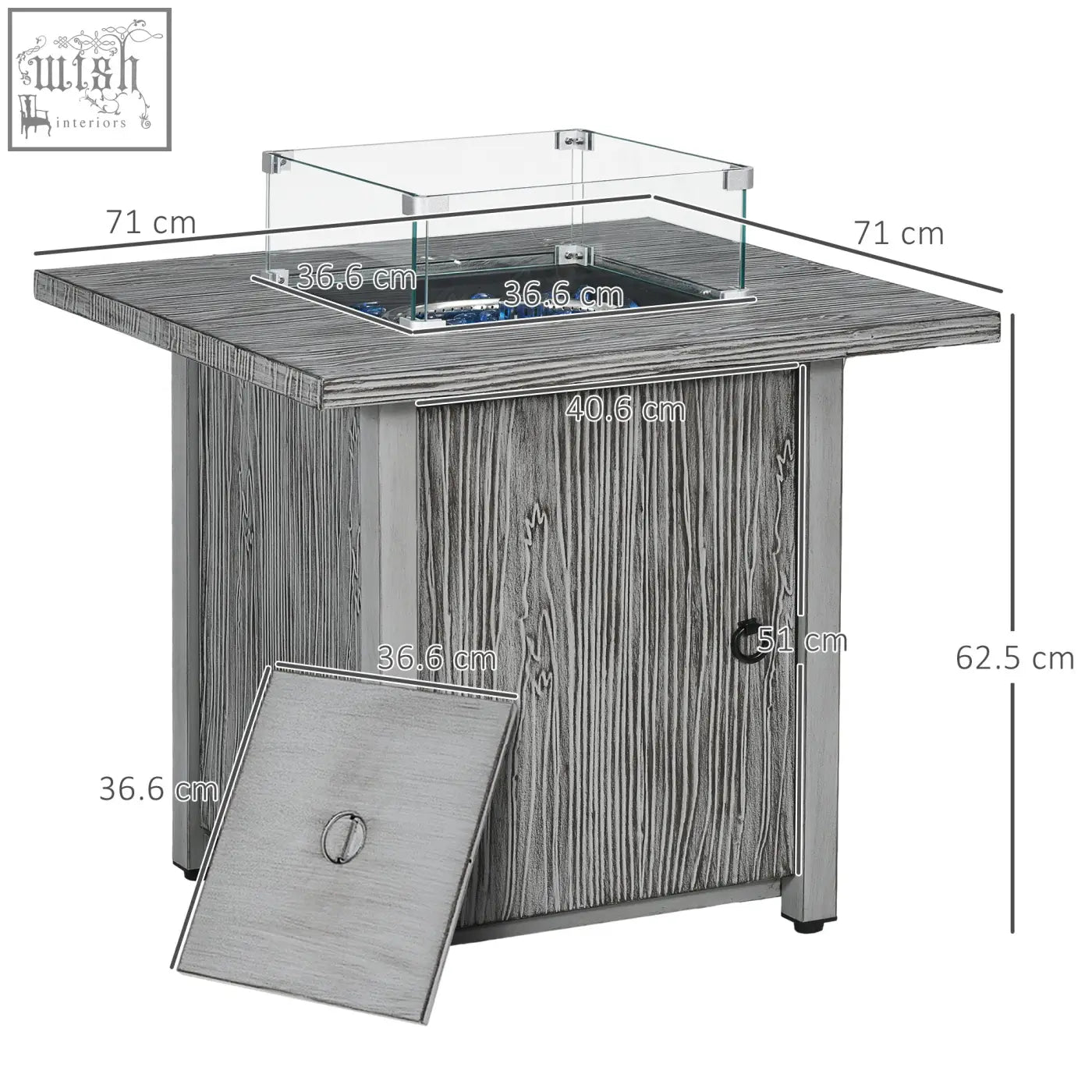 Outsunny grey wood grain pit table with glass top metal legs glass screen uses glass beads for 50000 btu fire