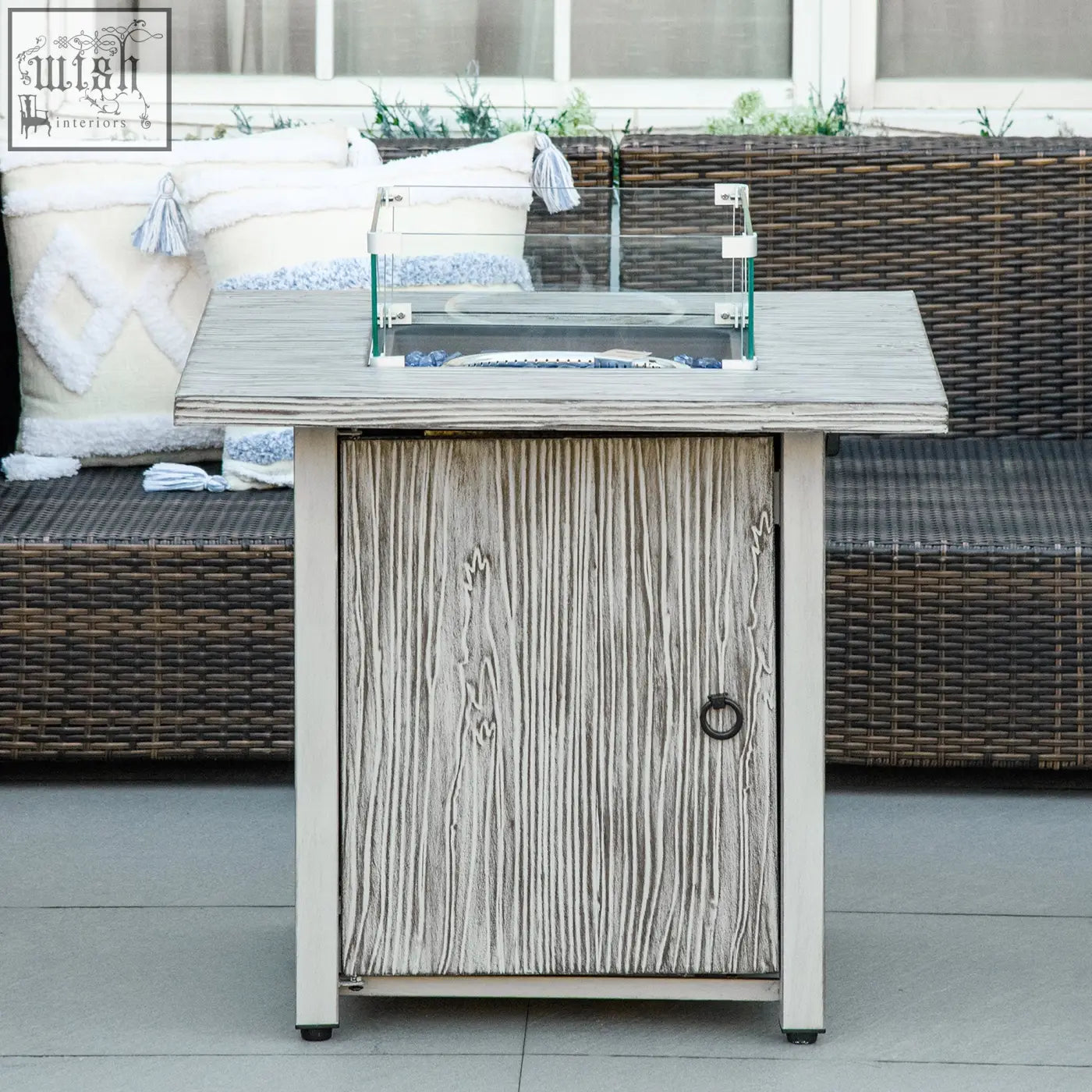 Outsunny gray wood-grain outdoor pit table with glass screen glass beads burner and metal frame for backyard use