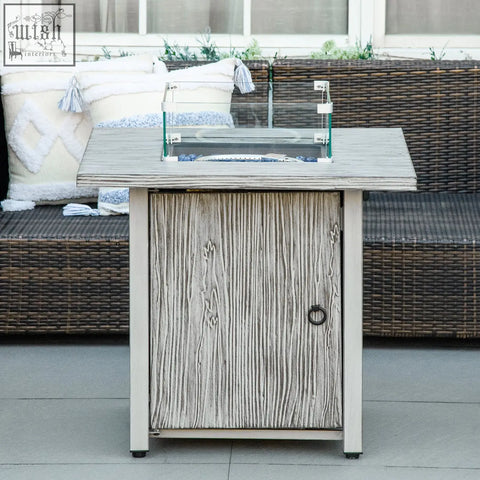 Outsunny gray wood-grain outdoor pit table with glass screen glass beads burner and metal frame for backyard use
