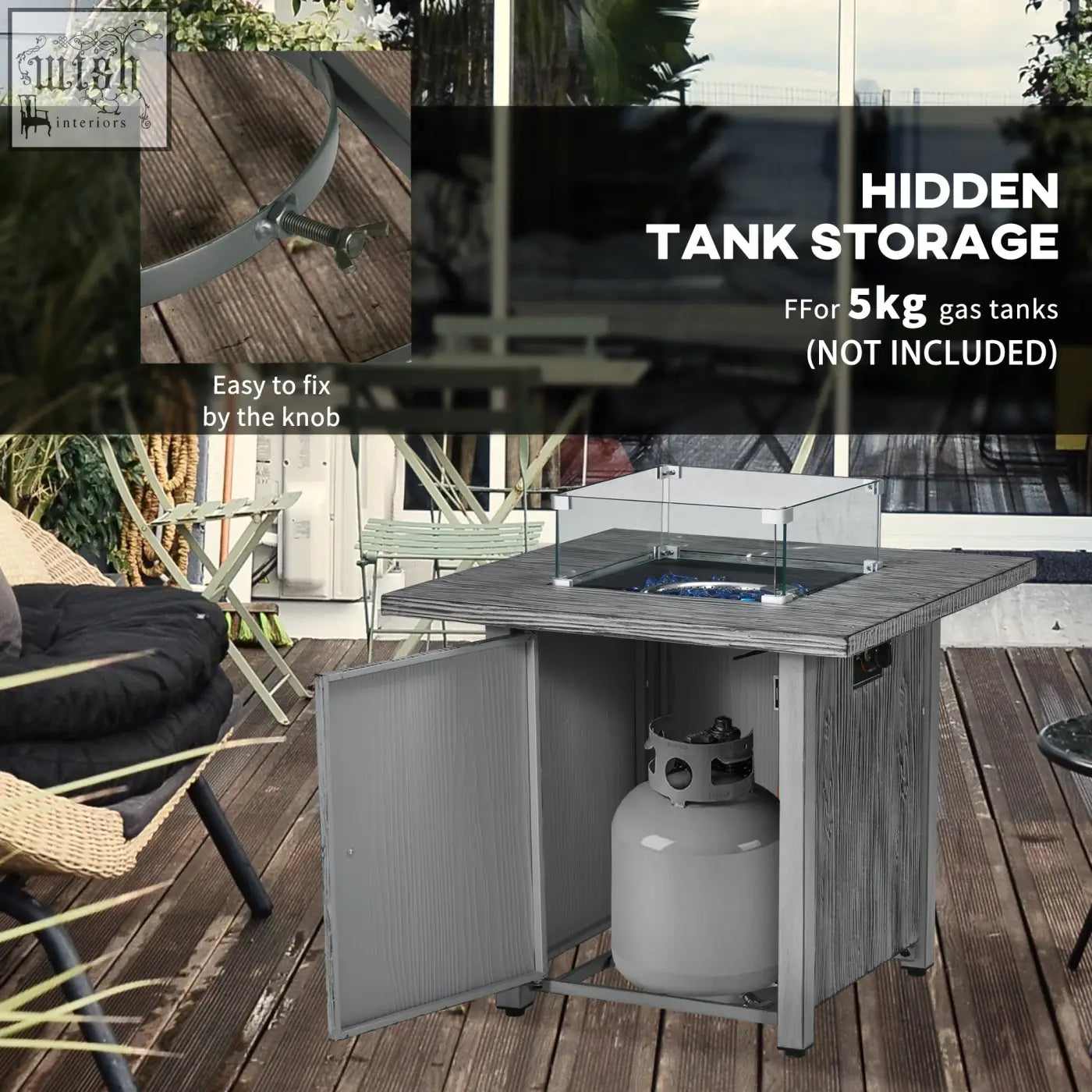 Outsunny gray gas pit table with glass screen and hidden tank storage for 5kg gas tanks featuring glass beads