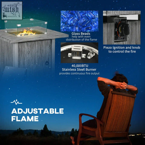 Outsunny grey 71cm gas pit table with wooden base, glass screen top frame, and blue glass beads inside