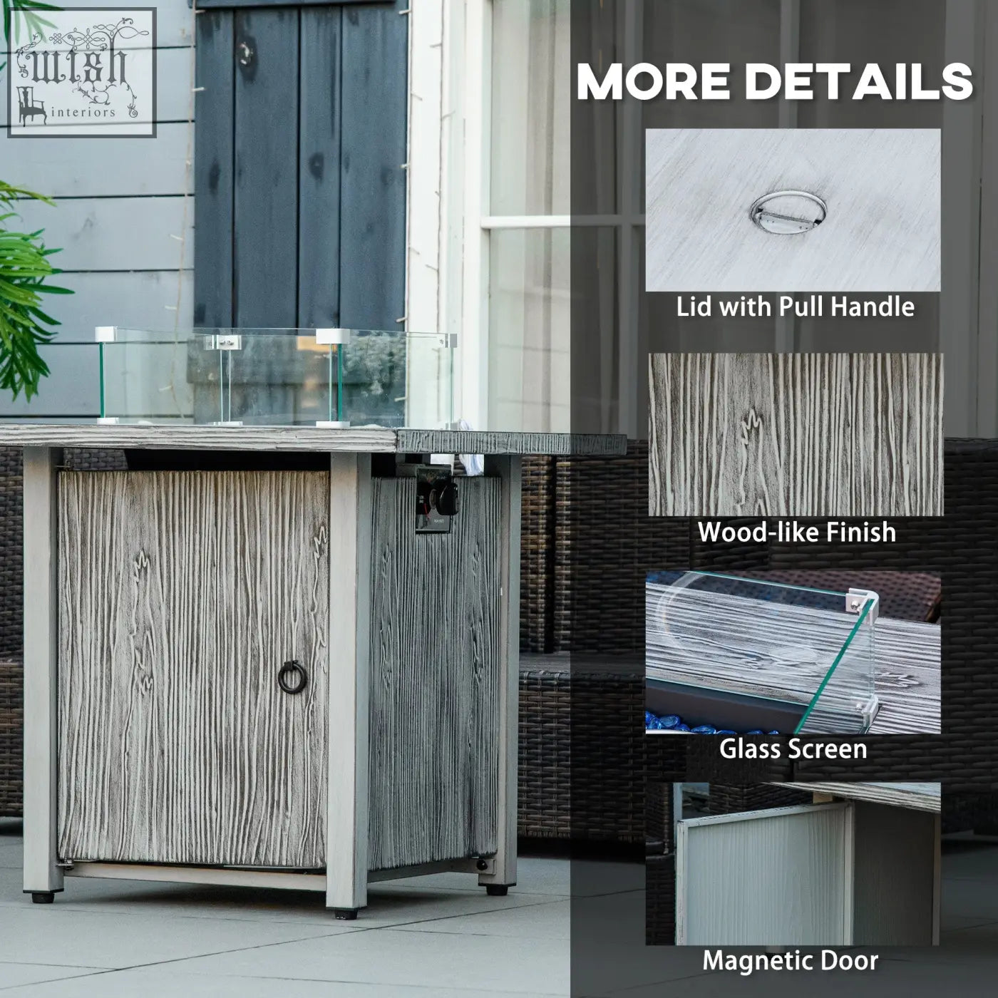 Outsunny 71cm grey gas pit table with wood finish, glass screen, magnetic door, and glass beads for outdoor use