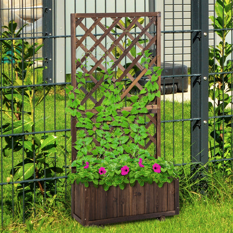 Dark brown fir wood flower box with integrated net board trellis filled with green foliage and pink petunias