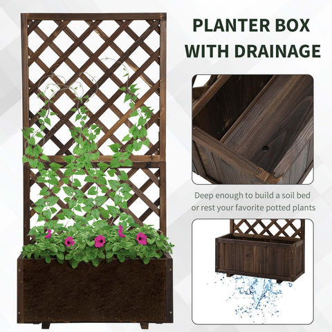 Dark brown fir wood flower box with lattice trellis and built-in drainage holes for climbing plants raised bed