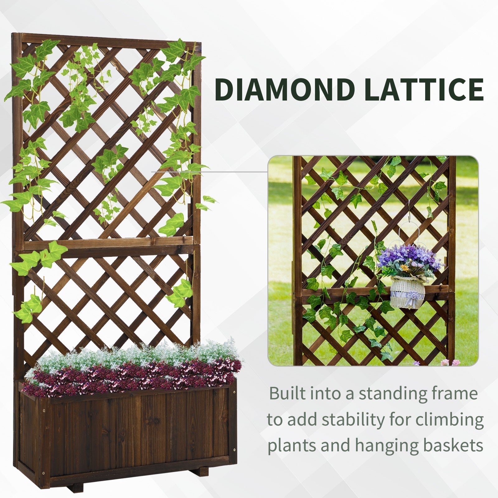 Brown fir wood flower box with diamond lattice net board and integrated planter for climbing plants by Outsunny
