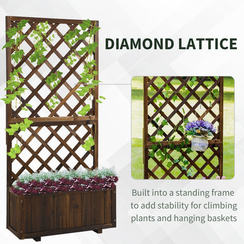 Brown fir wood flower box with diamond lattice net board and integrated planter for climbing plants by Outsunny