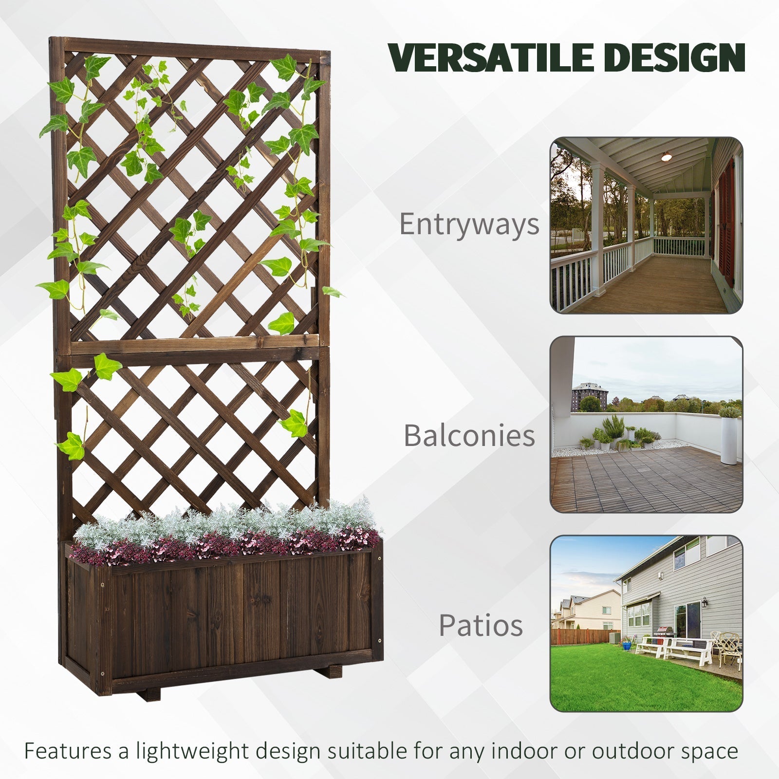 Outsunny dark brown fir wood flower box with net board trellis and 45l pine trough planter for climbing plants