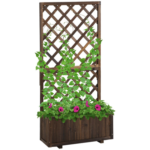 Outsunny dark brown fir wood flower box with lattice net board trellis and planter for climbing plants